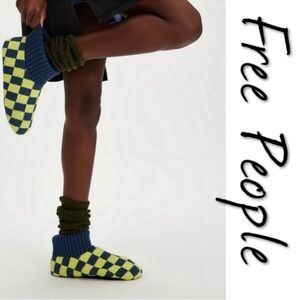 NWT Free People Sleepover Bootie Slippers checker blue/yellow, faux fur interior